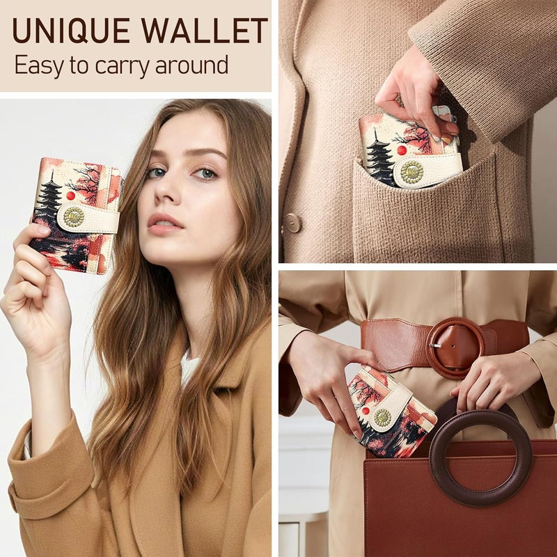 Kelvoris Japanese Sunset Goth Small Rfid Women Wallet Bifold Zipper Coin Pocket PU Leather Compact Cash Credit Card Holder Travel Wallet for Female Ladies Teen Girls 1 ID Window 10 Card Slots - Image 2